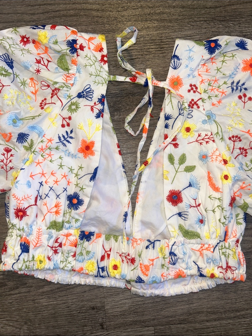Zara XS Embroidered Floral Puff Sleeve Tie Back Crop Top Cottagecore - Picture 4 of 7